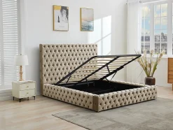 Lit coffre chesterfield 160 x 200 cm - Velours - Taupe + Matelas - DULENI