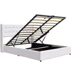 Lit coffre dehoussable blanc 120x190 cm - avec tete de lit capitonnee - 12 lattes - - entretien facile - lit de rangement