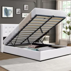 Lit coffre dehoussable blanc 120x190 cm - avec tete de lit capitonnee - 12 lattes - - entretien facile - lit de rangement