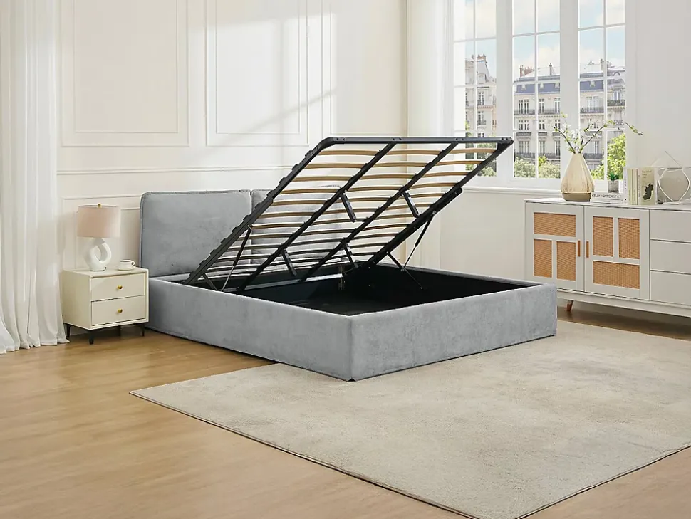 Lit coffre déhoussable 180 x 200 cm - Tissu - Gris clair + Matelas - TENESE