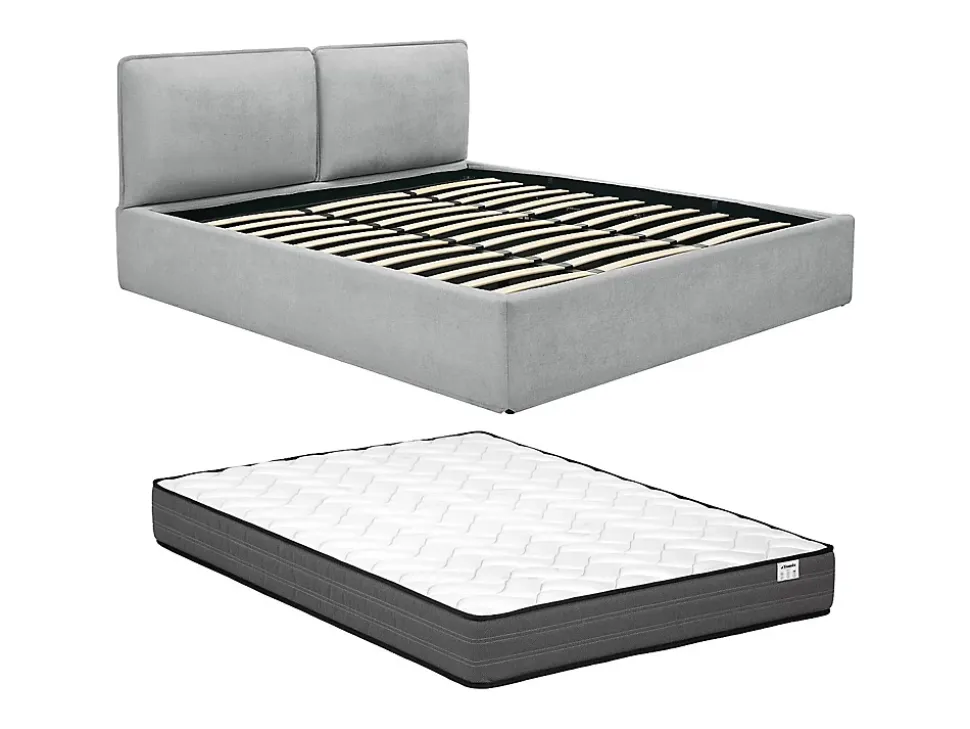 Lit coffre déhoussable 180 x 200 cm - Tissu - Gris clair + Matelas - TENESE