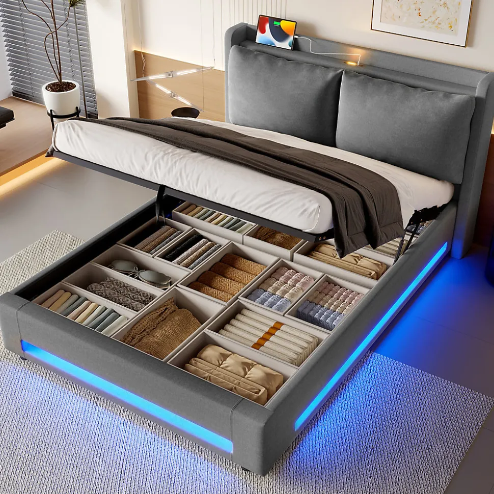 Lit Coffre Double Adulte160x200 cm - Lit Capitonné Lin avec Rangement, LED, USB-C - Moderne avec Coussins Amovibles, Gris Foncé