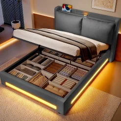 Lit Coffre Double Adulte160x200 cm - Lit Capitonné Lin avec Rangement, LED, USB-C - Moderne avec Coussins Amovibles, Gris Foncé