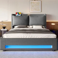 Lit Coffre Double Adulte160x200 cm - Lit Capitonné Lin avec Rangement, LED, USB-C - Moderne avec Coussins Amovibles, Gris Foncé
