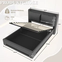 Lit Coffre Double Adulte160x200 cm - Lit Capitonné Lin avec Rangement, LED, USB-C - Moderne avec Coussins Amovibles, Gris Foncé