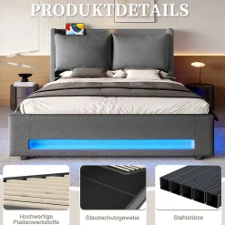 Lit Coffre Double Adulte160x200 cm - Lit Capitonné Lin avec Rangement, LED, USB-C - Moderne avec Coussins Amovibles, Gris Foncé