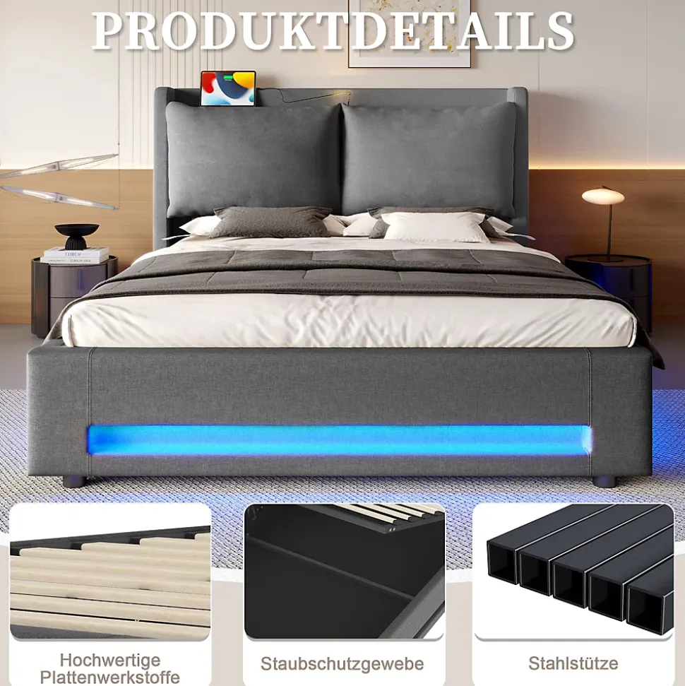 Lit Coffre Double Adulte160x200 cm - Lit Capitonné Lin avec Rangement, LED, USB-C - Moderne avec Coussins Amovibles, Gris Foncé