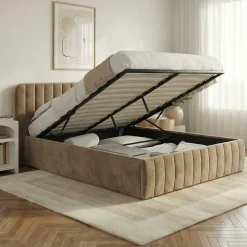 Lit coffre double ALBA avec tête de lit et sommier 140 x 190 cm velours taupe