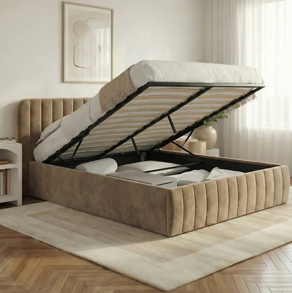 Lit coffre double ALBA avec tête de lit et sommier 140 x 190 cm velours taupe