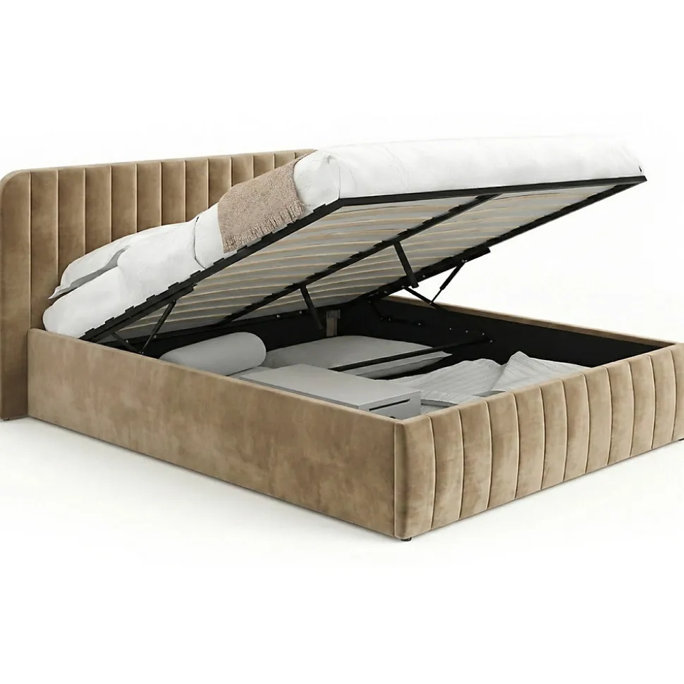 Lit coffre double ALBA avec tête de lit et sommier 140 x 190 cm velours taupe