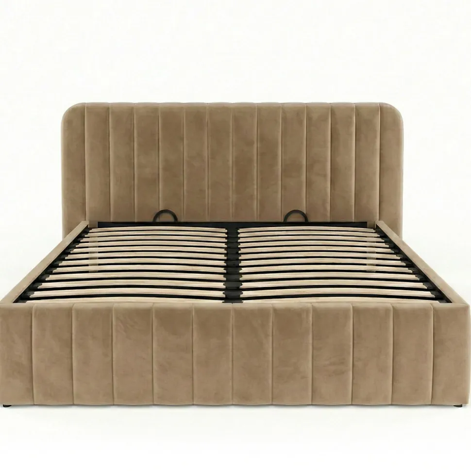 Lit coffre double ALBA avec tête de lit et sommier 140 x 190 cm velours taupe
