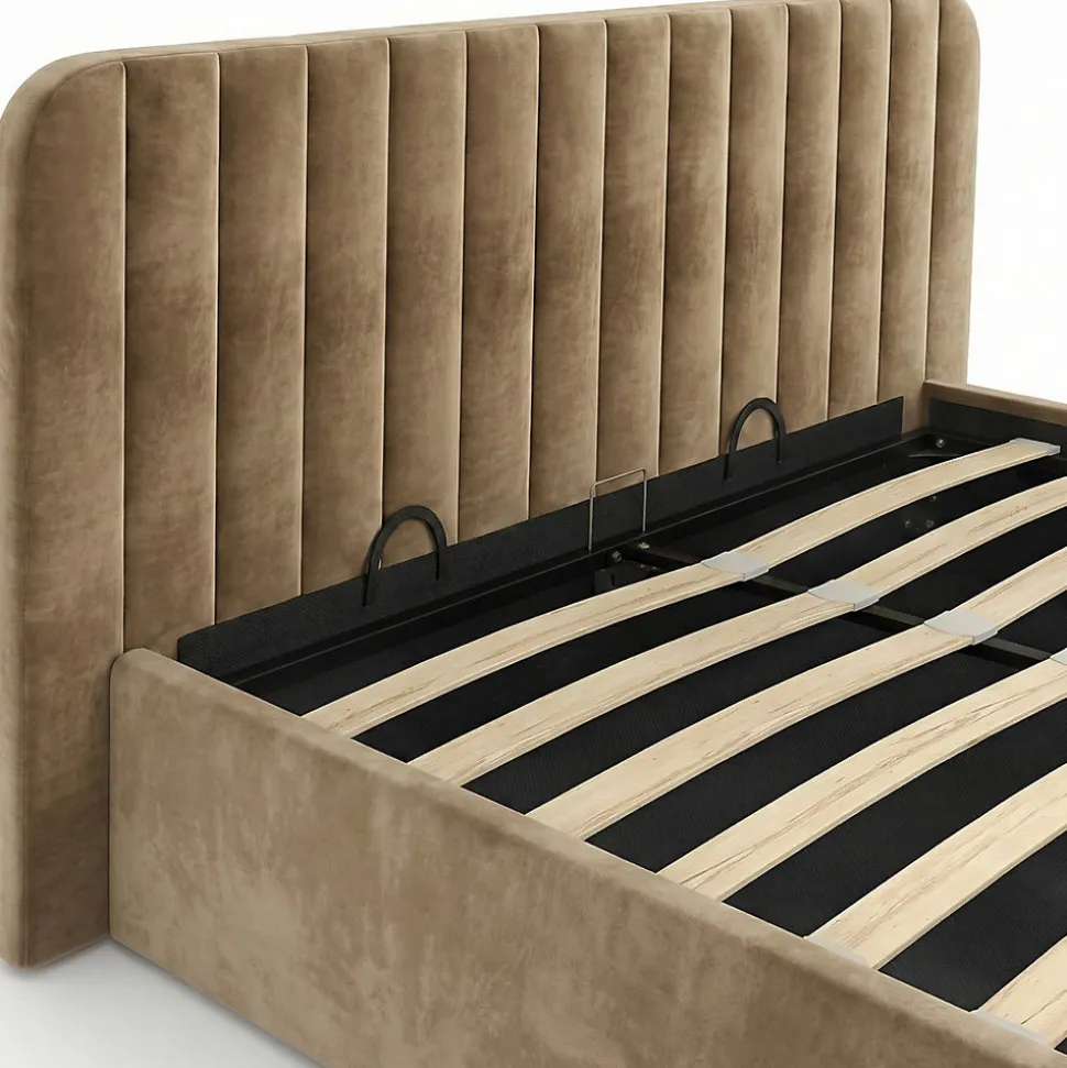 Lit coffre double ALBA avec tête de lit et sommier 140 x 190 cm velours taupe
