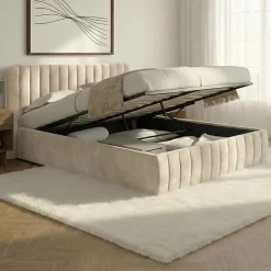 Lit coffre double ALBA avec tête de lit et sommier 140 x 190 cm velours beige