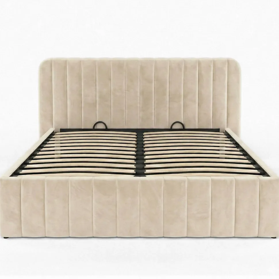 Lit coffre double ALBA avec tête de lit et sommier 140 x 190 cm velours beige