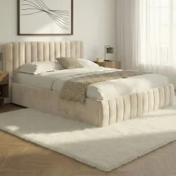 Lit coffre double ALBA avec tête de lit et sommier 140 x 190 cm velours beige