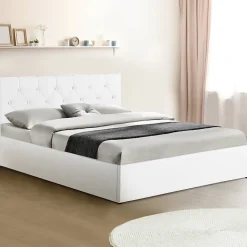 Lit coffre double AUSTIN avec tête de lit et sommier 140 x 190 cm PVC blanc