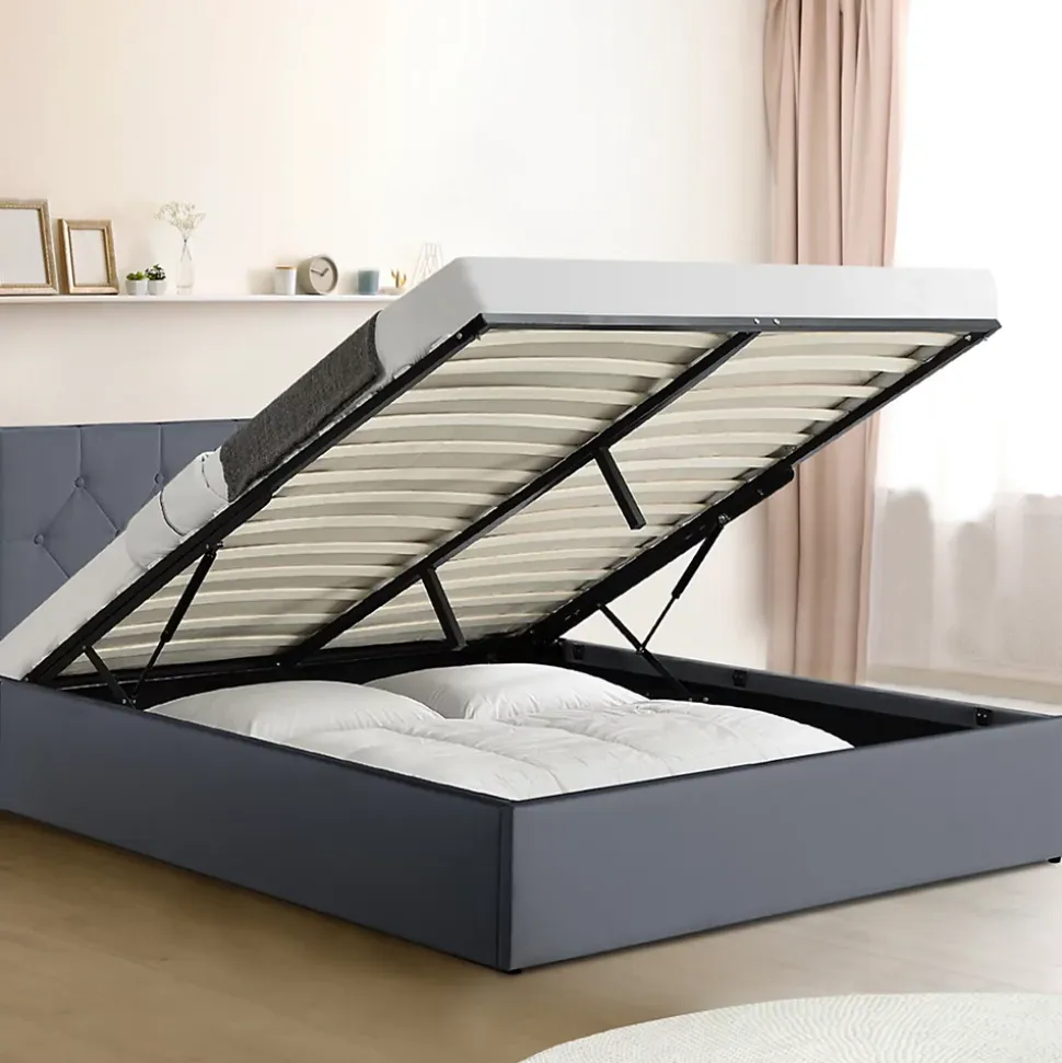 Lit coffre double AUSTIN avec tête de lit et sommier 160 x 200 cm PVC gris