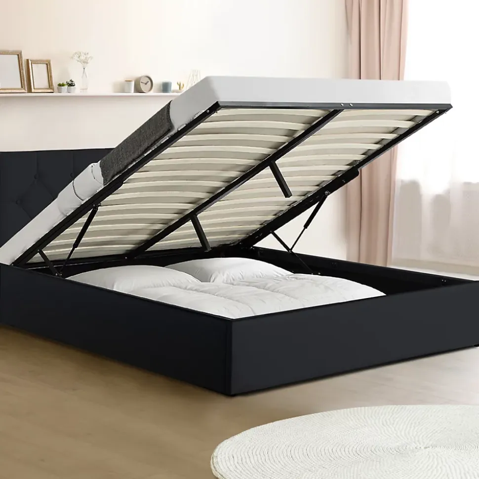 Lit coffre double AUSTIN avec tête de lit et sommier 160 x 200 cm PVC noir