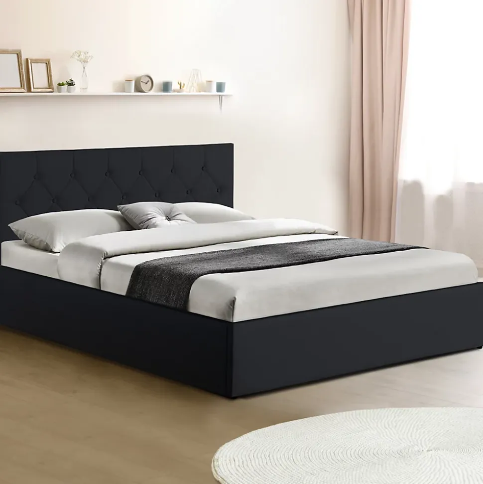 Lit coffre double AUSTIN avec tête de lit et sommier 160 x 200 cm PVC noir