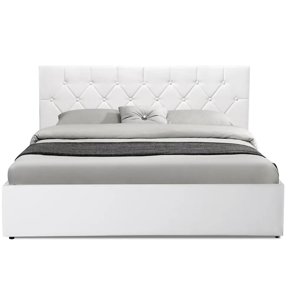 Lit coffre double AUSTIN avec tête de lit et sommier 160 x 200 cm PVC blanc