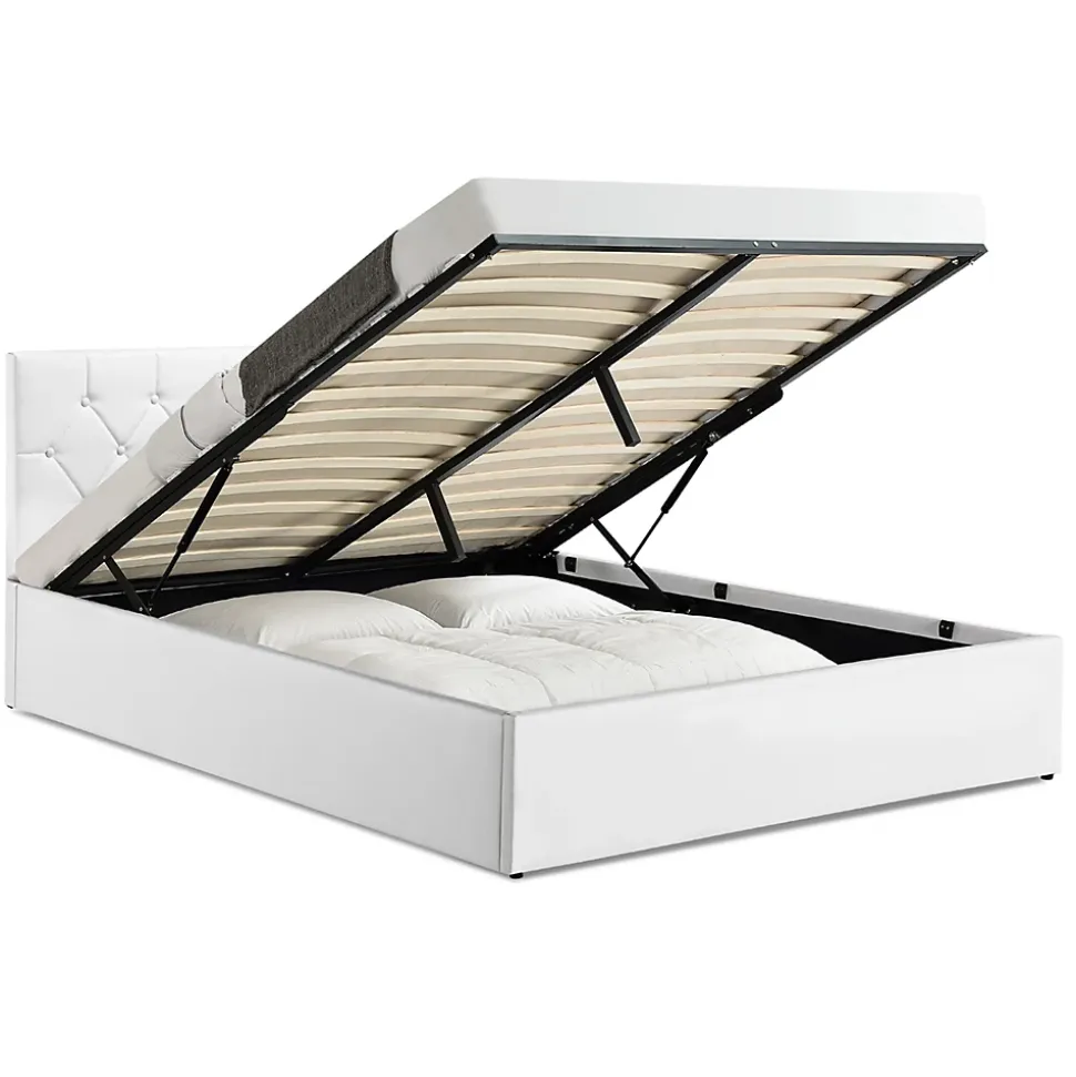 Lit coffre double AUSTIN avec tête de lit et sommier 160 x 200 cm PVC blanc