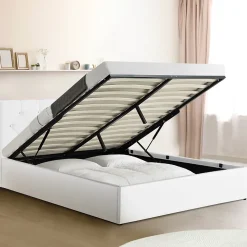 Lit coffre double AUSTIN avec tête de lit et sommier 160 x 200 cm PVC blanc