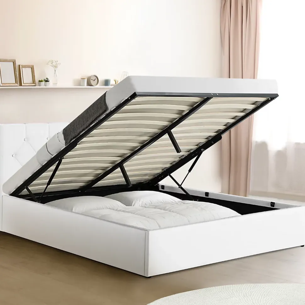 Lit coffre double AUSTIN avec tête de lit et sommier 160 x 200 cm PVC blanc