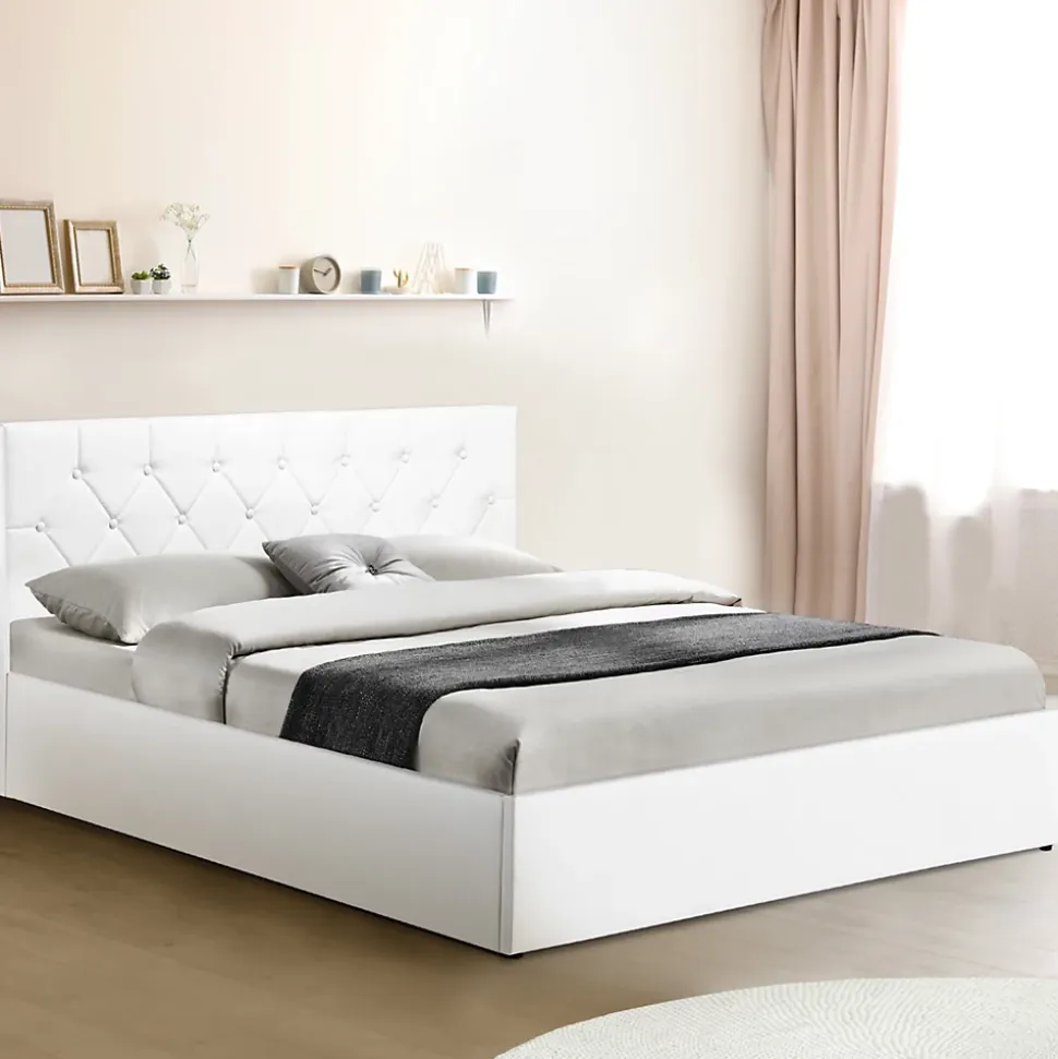 Lit coffre double AUSTIN avec tête de lit et sommier 160 x 200 cm PVC blanc