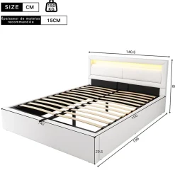 Lit Coffre Double Capitonnée 140x190 cm , avec LED, Éclairage Réglable, Rangement Sous Le Lit, PU et Bois Blanc, Sans Matelas