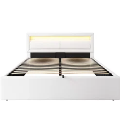 Lit Coffre Double Capitonnée 140x190 cm , avec LED, Éclairage Réglable, Rangement Sous Le Lit, PU et Bois Blanc, Sans Matelas