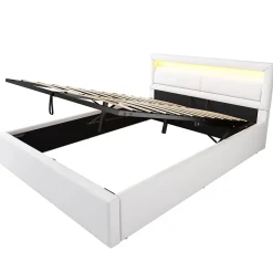 Lit Coffre Double Capitonnée 140x190 cm , avec LED, Éclairage Réglable, Rangement Sous Le Lit, PU et Bois Blanc, Sans Matelas
