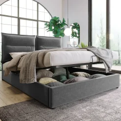 Lit Coffre Double Capitonné 140x200 cm - avec Coffre Hydraulique et Tête de Lit Ajustable, Velours Gris, Matelas Inclus