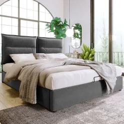 Lit Coffre Double Capitonné 140x200 cm - avec Coffre Hydraulique et Tête de Lit Ajustable, Velours Gris, Matelas Inclus