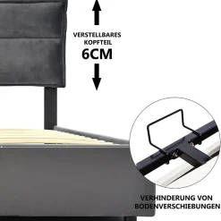 Lit Coffre Double Capitonné 140x200 cm - avec Coffre Hydraulique et Tête de Lit Ajustable, Velours Gris, Matelas Inclus