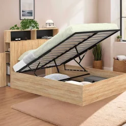 Lit coffre double CLYDE avec tête de lit + rangements et sommier 140 x 190 cm façon hêtre et noir