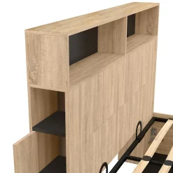 Lit coffre double CLYDE avec tête de lit + rangements et sommier 140 x 190 cm façon hêtre et noir