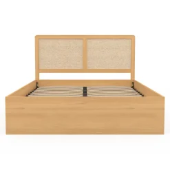 Lit coffre double EDHEN avec tête de lit cannage et sommier 140 x 190 cm coloris bois