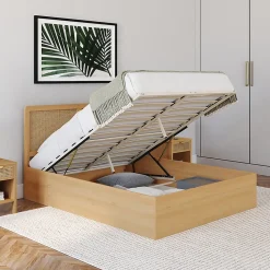 Lit coffre double EDHEN avec tête de lit cannage et sommier 140 x 190 cm coloris bois