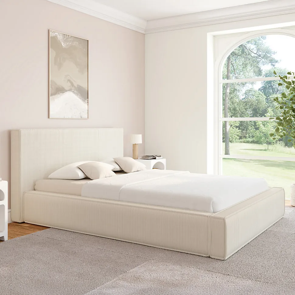 Lit coffre double JADE avec sommier 140 x 190 cm velours côtelé beige