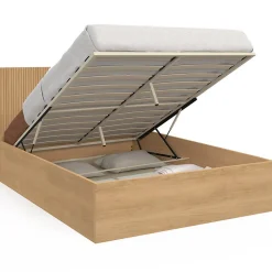 Lit coffre double JULIETTE avec tête de lit et sommier 140 x 190 cm effet lattes et bois
