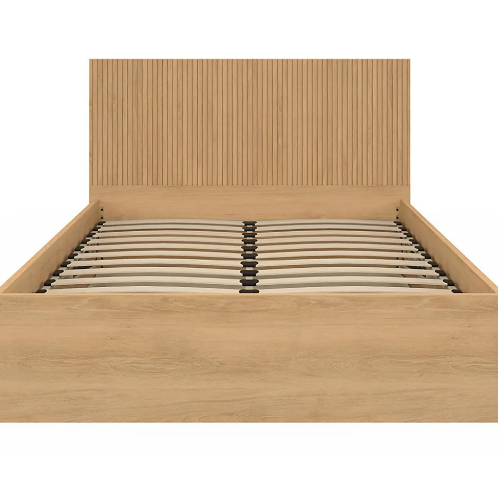 Lit coffre double JULIETTE avec tête de lit et sommier 140 x 190 cm effet lattes et bois
