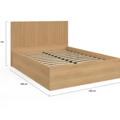 Lit coffre double JULIETTE avec tête de lit et sommier 140 x 190 cm effet lattes et bois