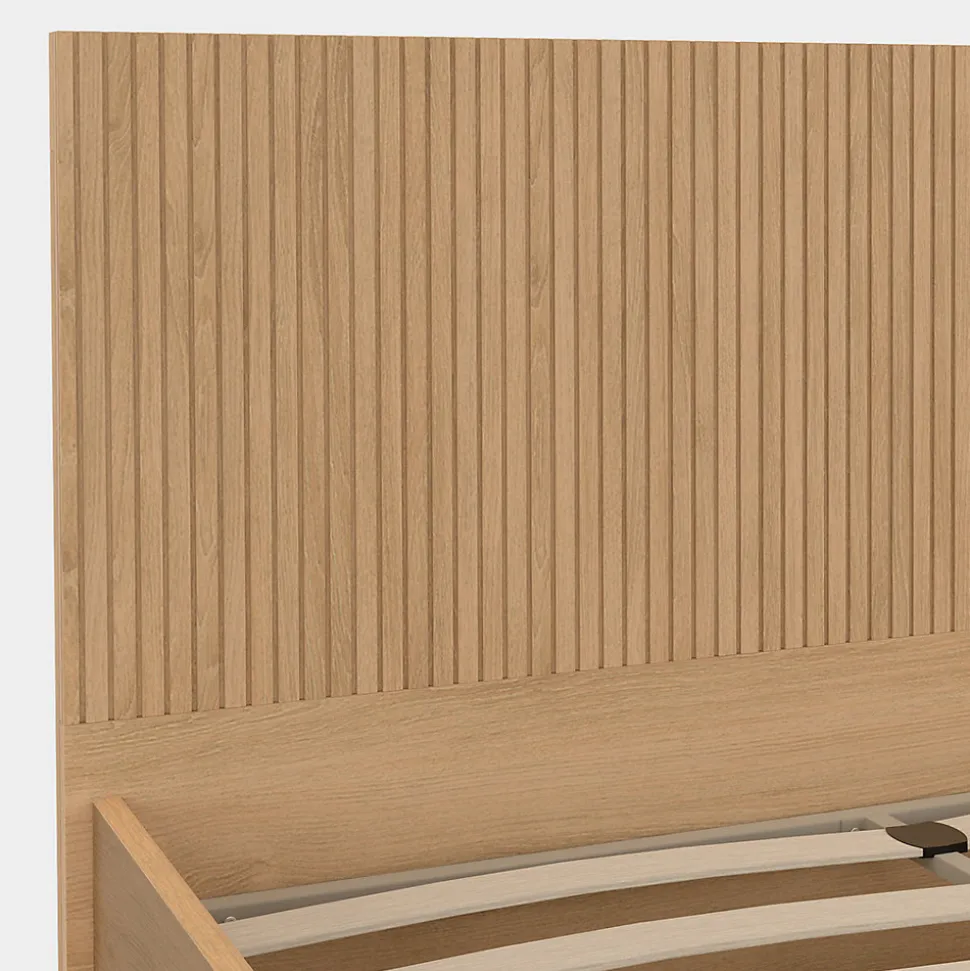 Lit coffre double JULIETTE avec tête de lit et sommier 140 x 190 cm effet lattes et bois