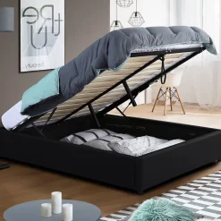 Lit coffre double MIAMI avec sommier 140 x 190 cm PVC noir