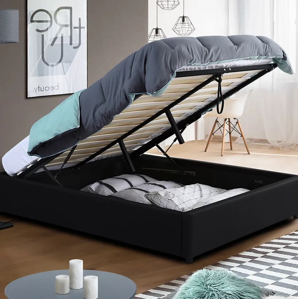 Lit coffre double MIAMI avec sommier 140 x 190 cm PVC noir