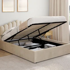 Lit coffre double NOELIE avec tête de lit et sommier 140 x 190 cm velours beige