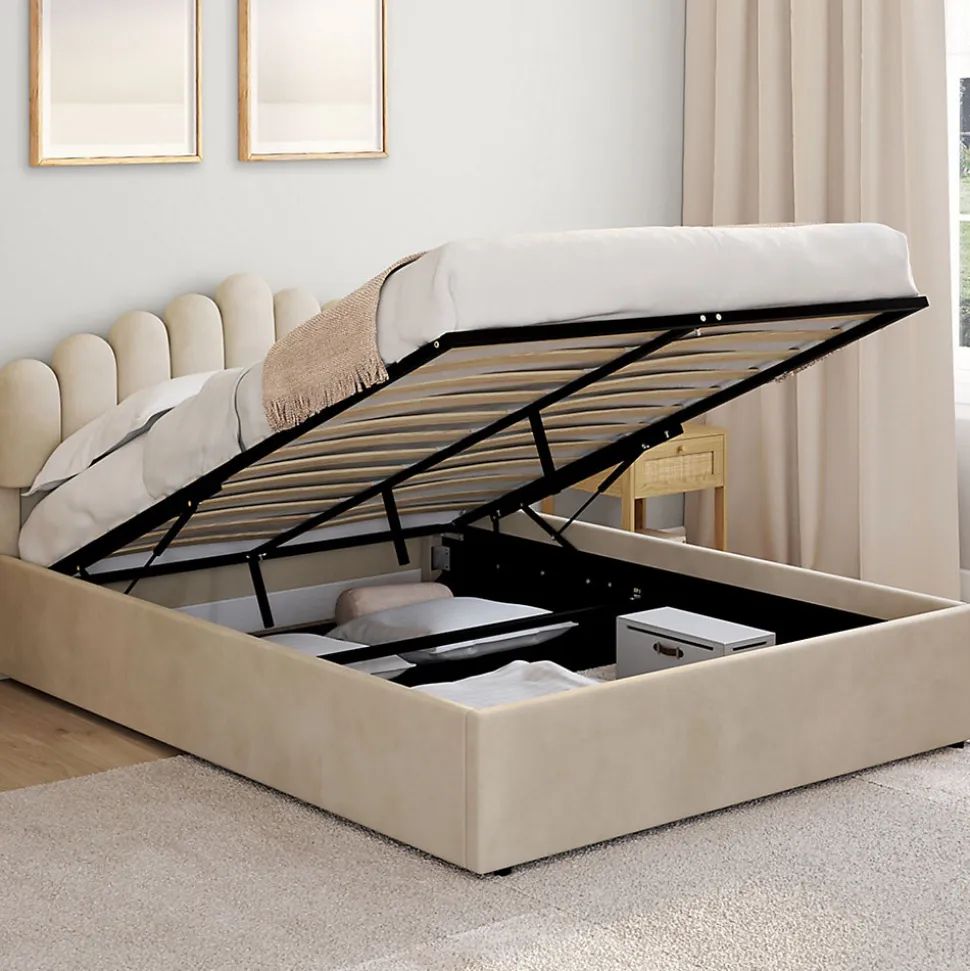 Lit coffre double NOELIE avec tête de lit et sommier 140 x 190 cm velours beige