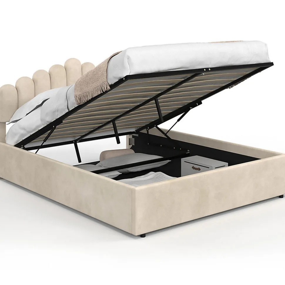 Lit coffre double NOELIE avec tête de lit et sommier 140 x 190 cm velours beige