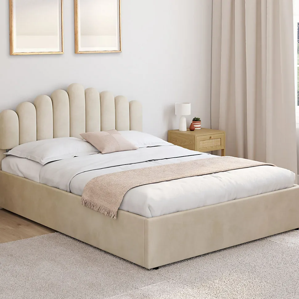 Lit coffre double NOELIE avec tête de lit et sommier 140 x 190 cm velours beige