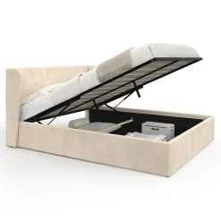 Lit coffre double OREA avec tête de lit enveloppante à oreilles et sommier 140 x 190 cm velours beige
